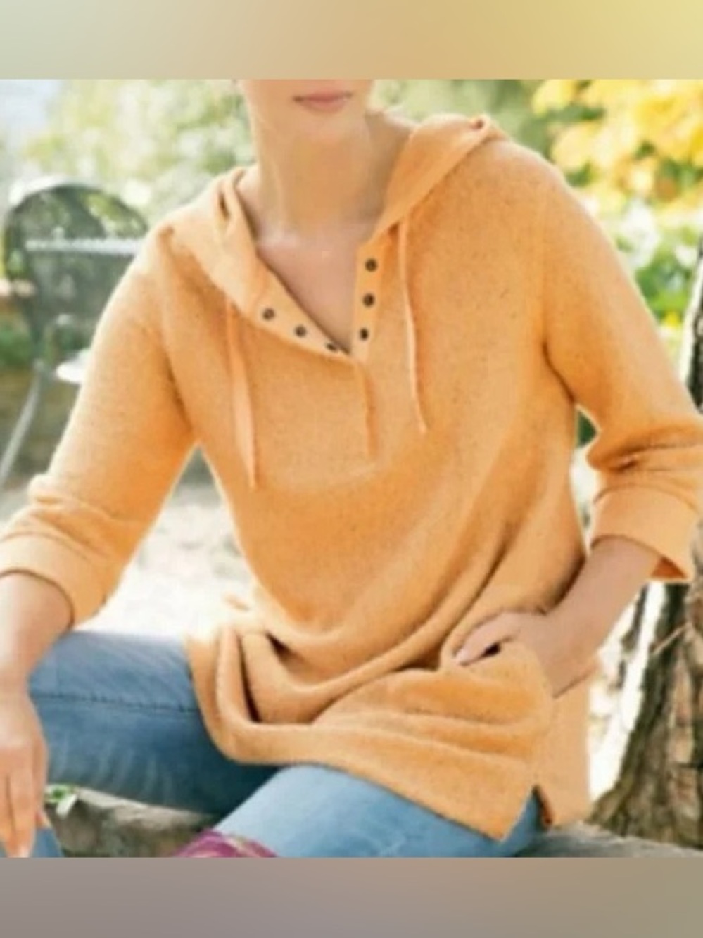 Soft Surrounding Cozumel Henley Cozy Hooded Button Pullover Sweater Orange M